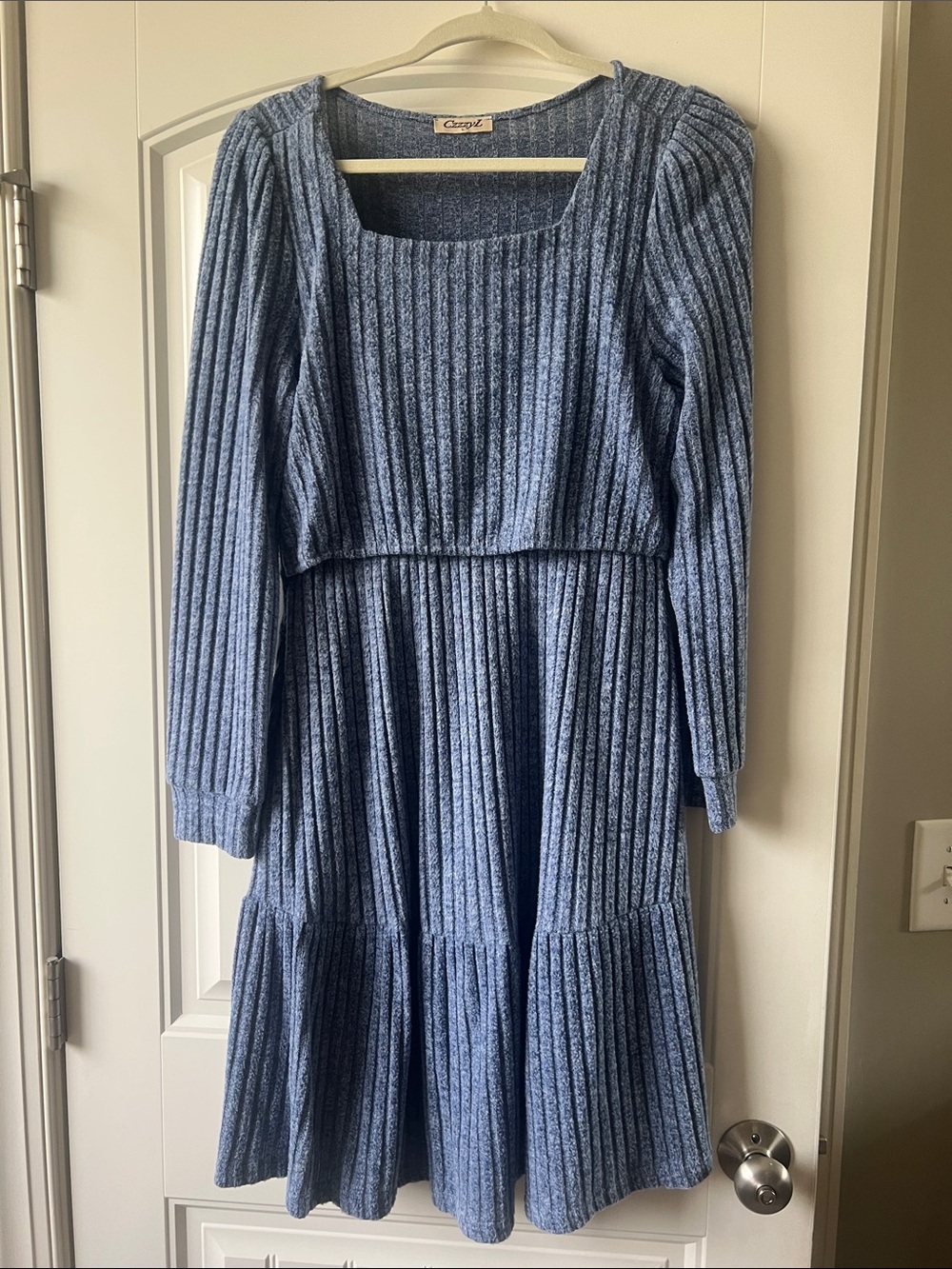 Cozy Blue Ribbed Knit Midi Dress